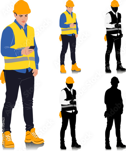 Construction worker holding smartphone wearing helmet and vest. Different color options. Worker silhouette. Hand-drawn vector illustration isolated on white. Full length view	