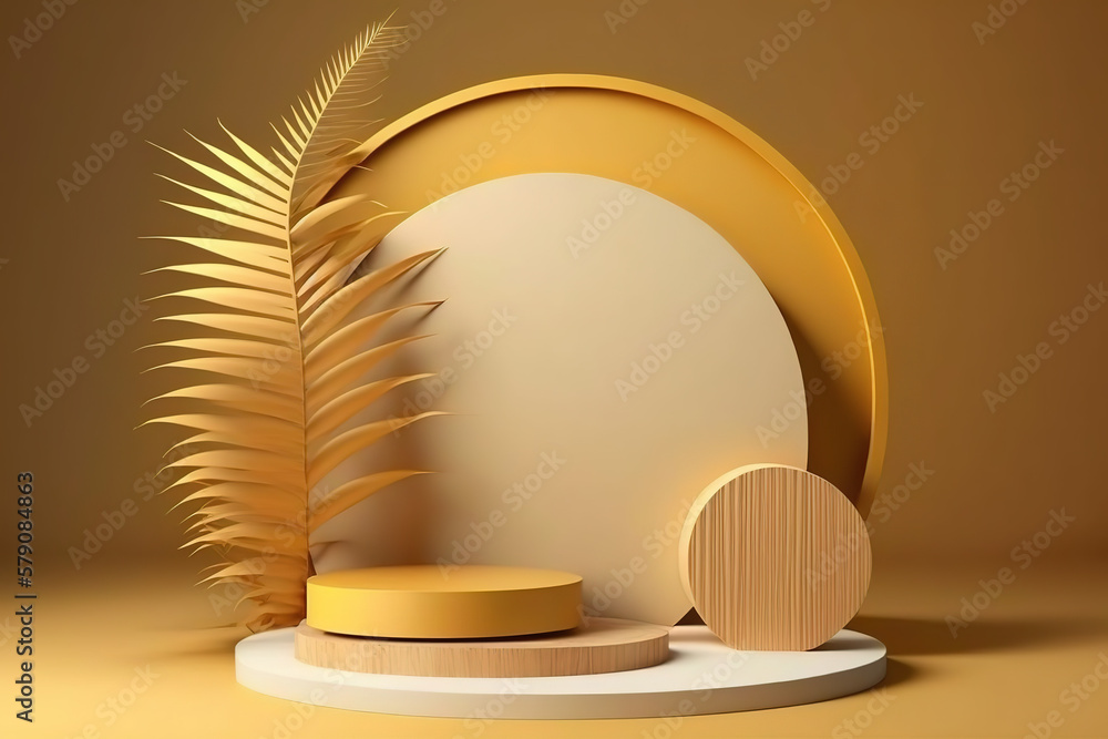 3D background, podium display, natural, beige and gold banner backdrop with light and shadow, product promotion beauty cosmetic	