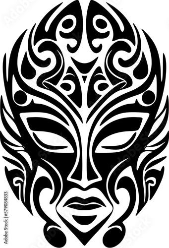 Vector drawing of a Polynesian mask tattoo with black and white colors.