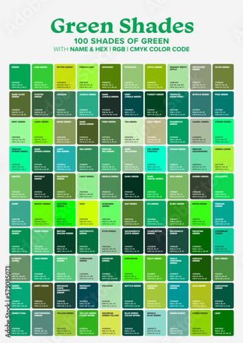 Green Tone Color Shade Background with Code and Name Illustration. Green swatches color pallete.Vector Illustrations.