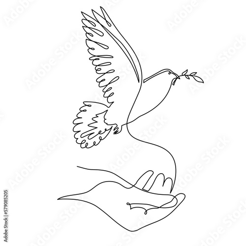 Hand with dove of peace and olive branch, one line art continuous contour. Hand drawn palm with pigeon,doodle hope bird sign of freedom and independence.Editable stroke.Isolated.Vector illustration