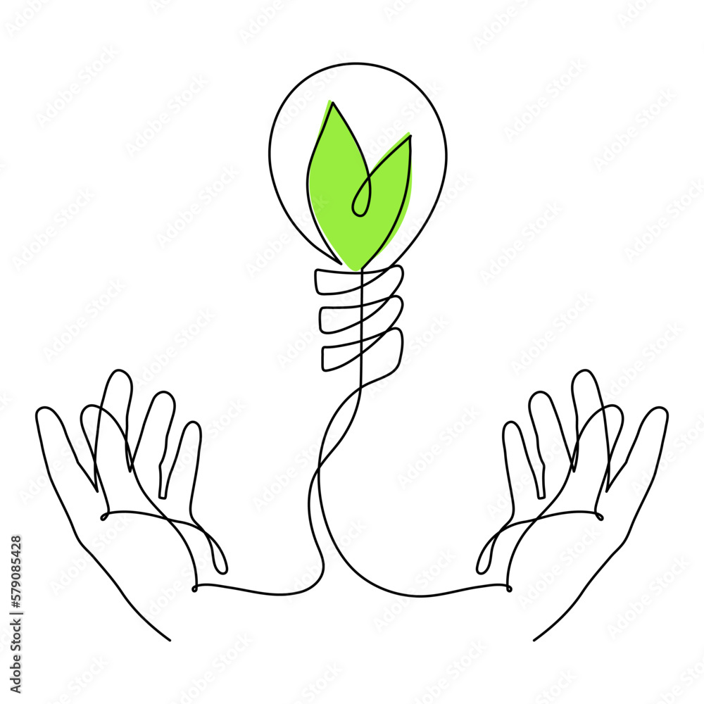 Obraz premium Hands hold slight bulb with leaves,one line art,hand drawn continuous contour.Green energy idea concept.Sign of environmental friendliness.Decoration for banners, posters.Editable stroke.Isolated