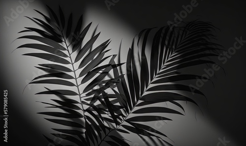  a black and white photo of a palm tree leaves in the shadows of a wall light in a dark room with a shadow from the wall.  generative ai
