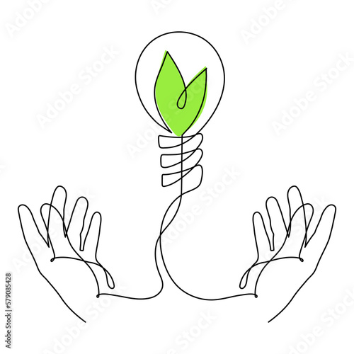 Hands hold slight bulb with leaves,one line art,hand drawn continuous contour.Green energy idea concept.Sign of environmental friendliness.Decoration for banners, posters.Editable stroke.Isolated