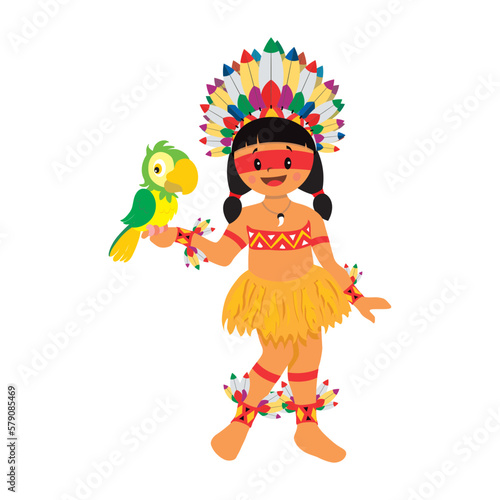 Native indigenous girl and parrot illustration