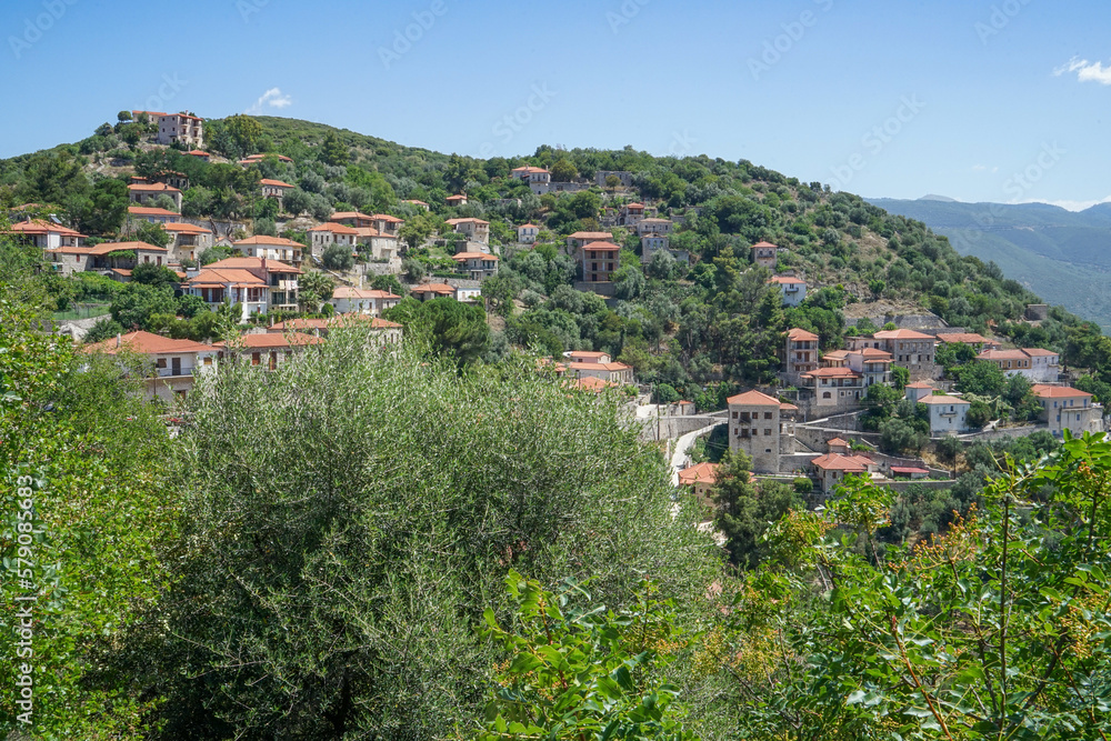 Small historic town of Karitena on Peloponnes in Greece. Small village between green trees in the Highlands of Arcadia