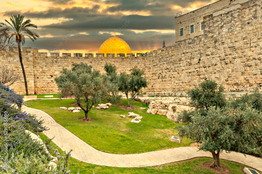 Medieval wall of fortress in Jerusalem -  the capital of Israel and major tourist sacred place in the Middle East and in all around of the world - obrazy, fototapety, plakaty 