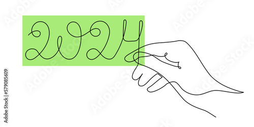 Hand holds 2024 one line art, hand drawn continuous contour. Holiday concept, festive New year handwriting text, minimalist design. Editable stroke. Isolated. Vector illustration