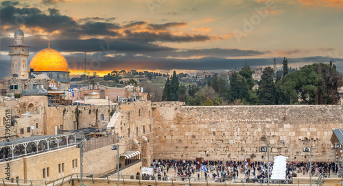 Morning view on the ancient ruins of the Western Wall and the Dome of the Rock (left), Jerusalem, Israel