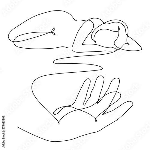 Hand with naked woman one-line art,hand drawn lady figure continuous contour.Palm with fingers holds nude female body,beauty industry concept,minimalist template design.Editable stroke.Isolated.Vector