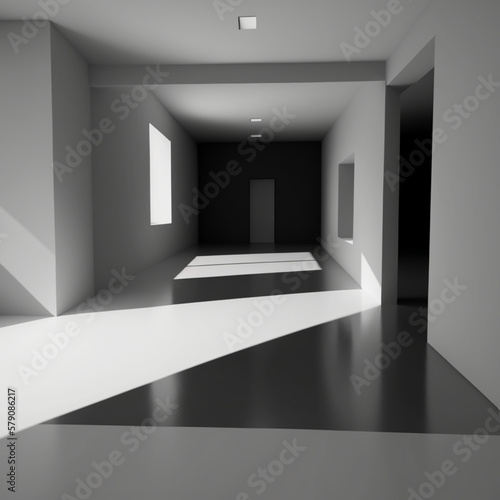 large minimalistic hall environment with no furniture one window with shadows