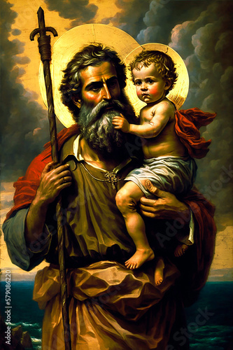Saint Christopher with Jesu Christi. AI generativ.