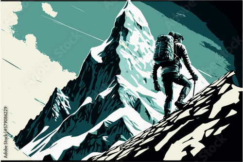 Alpinist climbing a mountain. Vector art of man hiking in extreme conditions. Mountaineering illustration. Man with equipment walking on snow and ice. Man traveling in the alps. Expedition on everest.