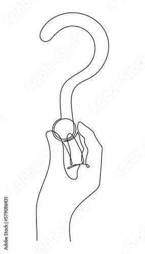Hand holds question mark one line art, hand drawn asking sign, idea continuous contour. Query FAQ concept, finding answer. Editable stroke. Isolated. Vector illustration