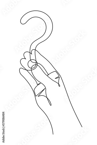 Hand holds question mark one line art, hand drawn asking sign, idea continuous contour. Query FAQ concept, finding answer. Editable stroke. Isolated. Vector illustration