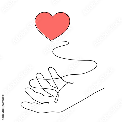 Hand with heart one line art,love concept continuous contour drawing,hand-drawn Valentine's day decoration.Romance, engagement and marriage symbol. Editable stroke.Isolated.Vector illustration