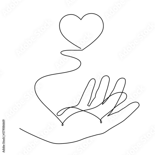 Hand with heart one line art,love concept continuous contour drawing,hand-drawn Valentine's day decoration.Romance, engagement and marriage symbol. Editable stroke.Isolated.Vector illustration