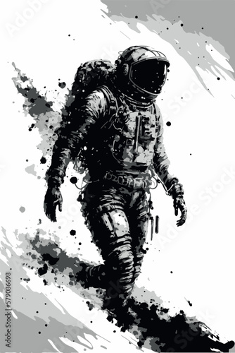 Astronaut artwork. Ink drawing of man going to space. Vector art of retro vintage character. Black and white illustration of cosmonaut sketch. Man or woman on the moon. Lost in space. Science design.