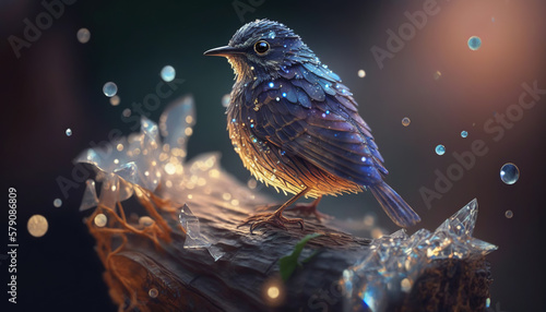 A bird on a snowy branch in a magical crystal world . Generative AI.