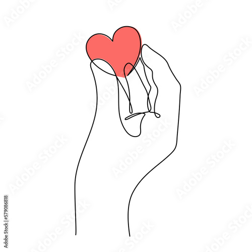 Hand with heart one line art,love concept continuous contour drawing,hand-drawn Valentine's day decoration.Romance, engagement and marriage symbol. Editable stroke.Isolated.Vector illustration