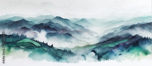 Panoramic mist coverd hills  Blue Green Mountain Landscape Valley  ai generative
