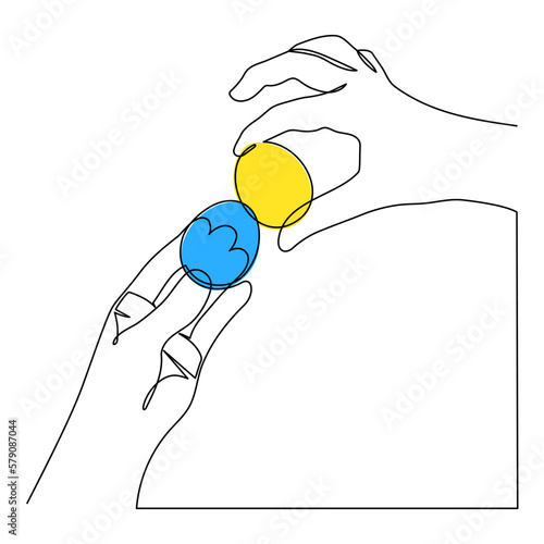 Hands click Ukrainian easter eggs one-line art,hand drawn palms continuous contour.Christian paschal traditional design,festive blue-yellow decoration.Editable stroke.Isolated.Vector illustration