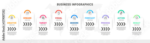 Vector infographic template with icons, arrows, and nine steps or options. Can be used for workflow layout, diagrams, banners, and web design. Circle and rectangular simple illustration