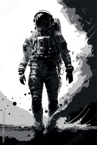 Astronaut artwork. Ink drawing of man going to space. Vector art of retro vintage character. Black and white illustration of cosmonaut sketch. Man or woman on the moon. Lost in space. Science design.