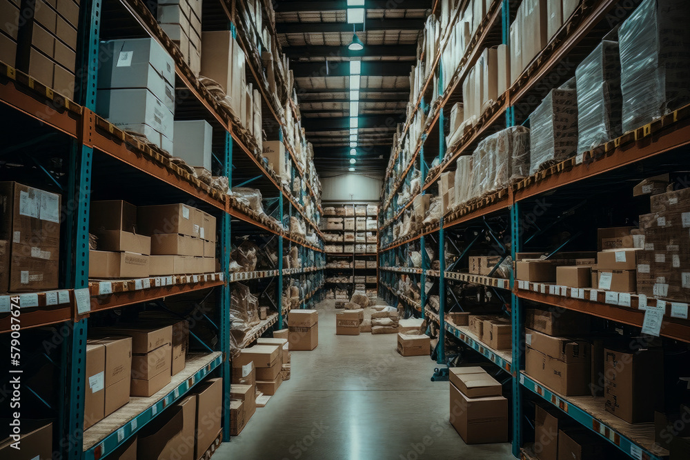 warehouse shelves with cardboard boxes. Generative AI 