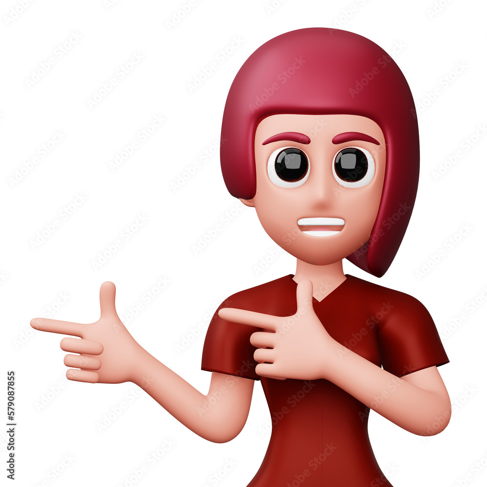 Happy excited woman pointing to the side, Cute cartoon character, 3d rendering Happy excited woman pointing to the side, Cute cartoon character, 3d rendering