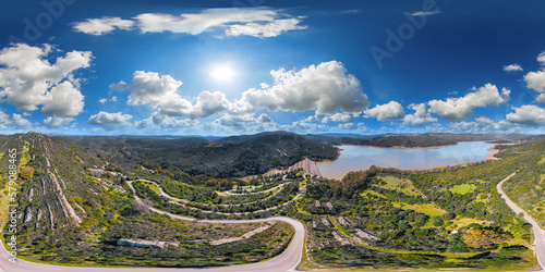 lake embalse del guadarranque 360° airpano spain andalusia aerial equirectangular, vr