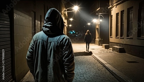 Robber in hood watches woman silhouette walking alone dark street, suspicious man hunts for female single victim on deserted street. Rear view maniac in hood wanted to rape woman, generative AI photo
