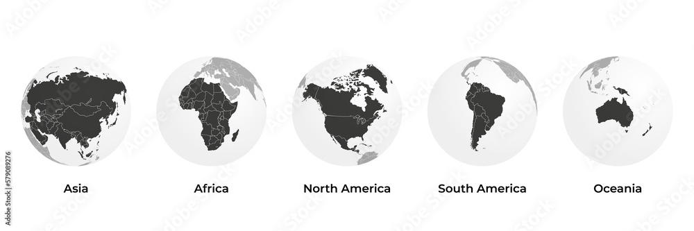 Earth map globe icon set with five continents transparent background. continents front facing asia, africa, north america, south america, oceania. - obrazy, fototapety, plakaty 