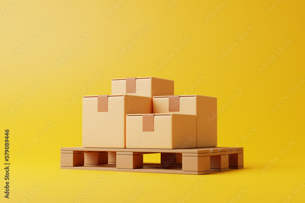 Brown cardboard boxes are stacked on a pallet on yellow background. Transportation and delivery concept. 3d render illustration Brown cardboard boxes are stacked on a pallet on yellow background. Transportation and delivery concept. 3d render illustration