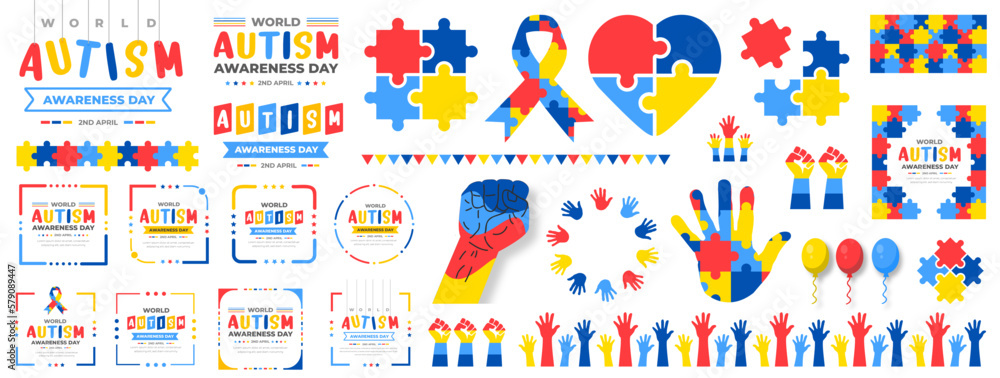big mega set of World autism awareness day background typography, puzzles head child, heart, hand, balloon, ribbon icon design template set. World autism day colorful text and frame design bundle. 