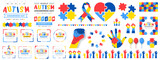 big mega set of World autism awareness day background typography, puzzles head child, heart, hand, balloon, ribbon icon design template set. World autism day colorful text and frame design bundle. 