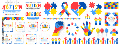 Foto big mega set of World autism awareness day background typography, puzzles head child, heart, hand, balloon, ribbon icon design template set