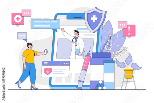 Online doctor concept with people character. Professional male doctor giving advice to patient through smartphone. Telemedicine, telehealth and healthcare. Vector illustration for landing page
