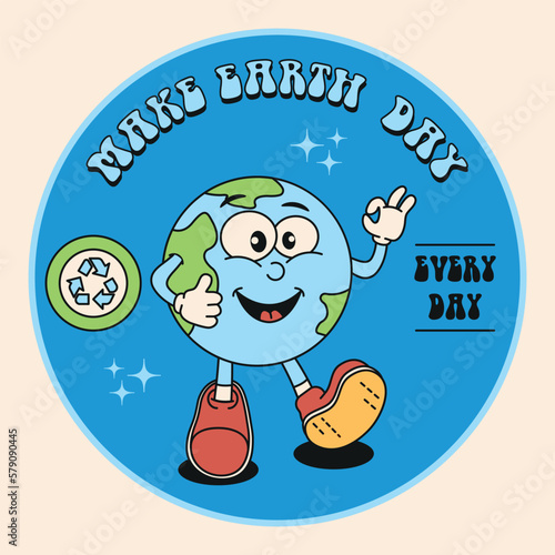 Sticker make the planet a better place every day, in a trendy groovy style. Earth Day. Ecology and environment. Style of the 70s, 80s. Vector illustration.
