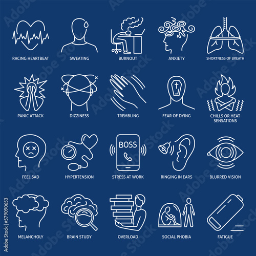 Stress symptoms and burnout icon set