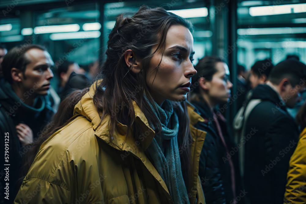 Young Woman's Commute Through a Crowded and Dreary Subway Station Generative AI Photo Young Woman's Commute Through a Crowded and Dreary Subway Station Generative AI Photo