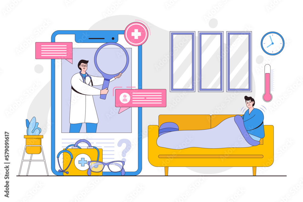 Online diagnosis concept with characters. Outline design style minimal vector illustration for landing page, web banner, infographics, hero images