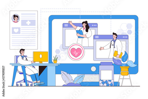 Virtual medical conference and teleconference concept. Group of doctors connecting online and conferencing on video conference call. Outline design style minimal vector illustration for landing page