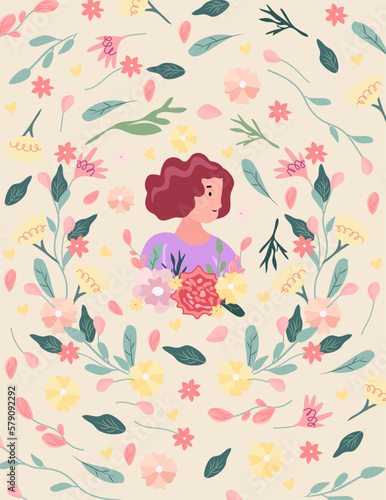 Bright illustration with a cute woman in a flower wreath. Colorful flowers, swallowtails and hearts all around. Cute compositions are ideal for invitations, cards, banners, Mothers Day. Vector.