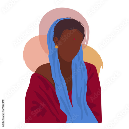 portrait of a beautiful Indian woman.Girl in a headscarf and with a bindi.silhouette.Vector flat illustration