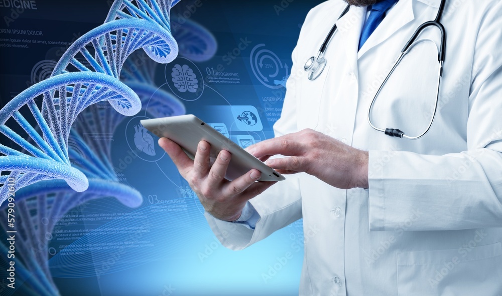 Young chemist with digital tablet and dna structure