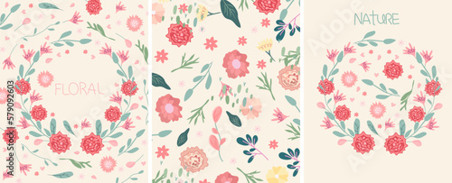 Wallpaper Mural Floral arrangement with various wildflowers, leaves and hearts. Flowers as a symbol of happiness, joy, love. Spring wreaths are ideal for invitations, cards, banners, weddings. Vector illustration Torontodigital.ca
