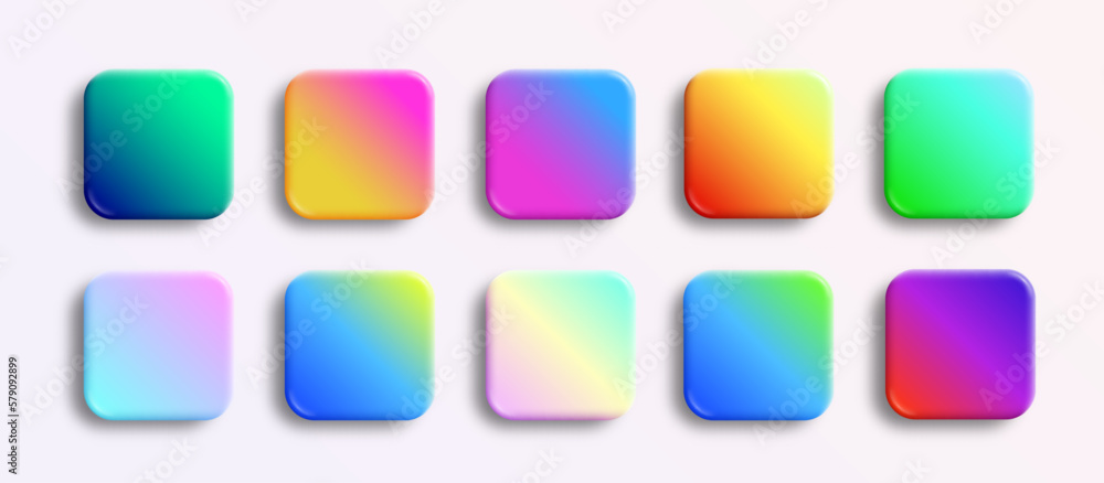 App icons glossy backgrounds set. Vector 3D buttons render with neon holographic gradients and realistic soft shadows. Rounded rectangle shapes for web and mobile applications App icons glossy backgrounds set. Vector 3D buttons render with neon holographic gradients and realistic soft shadows. Rounded rectangle shapes for web and mobile applications