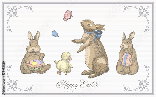 Hand Drawn Cute Easter Greetings Card Bunny Duckling and Butterfly Vector Illustration. Little Rabbits holding Basket Full of Easter Eggs. Spring Holiday Engraving Style Drawing Isolated