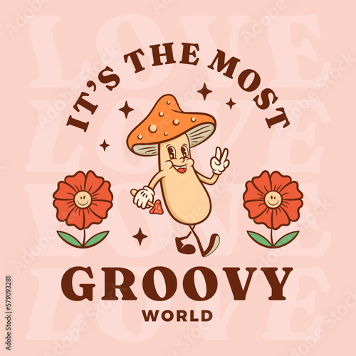 Trippy retro cartoon characters greeting card. Happy fly agaric mushroom with smiling flowers label template. Vector logo mascot illustration in trendy vintage comic style Isolated